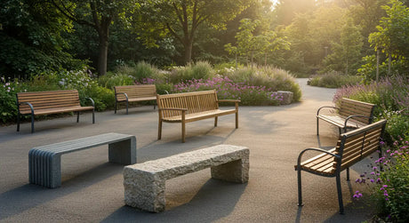 Rustic outdoor wooden benches with metal armrests along a brick walkway, perfect for gardens, patios, and parks.
