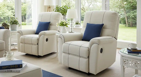Modern power lift recliner with plush cushioning and a sleek curved wood base, designed for comfort and relaxation.