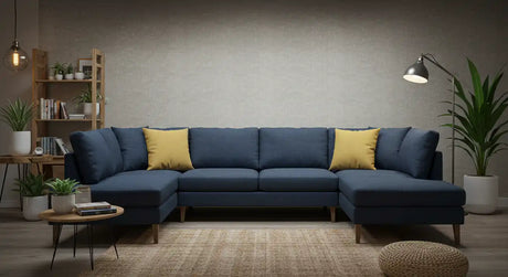 Modern living room with a stylish sectional sofa, cozy loveseats, and a sleek coffee table, creating a warm and inviting space for relaxation.