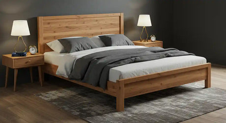 Solid wood platform bed frame with headboard in a natural-finish bedroom, plants and large windows.