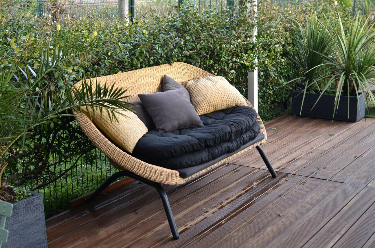 modern outdoor furniture, Round wicker patio lounge chair with black cushions 