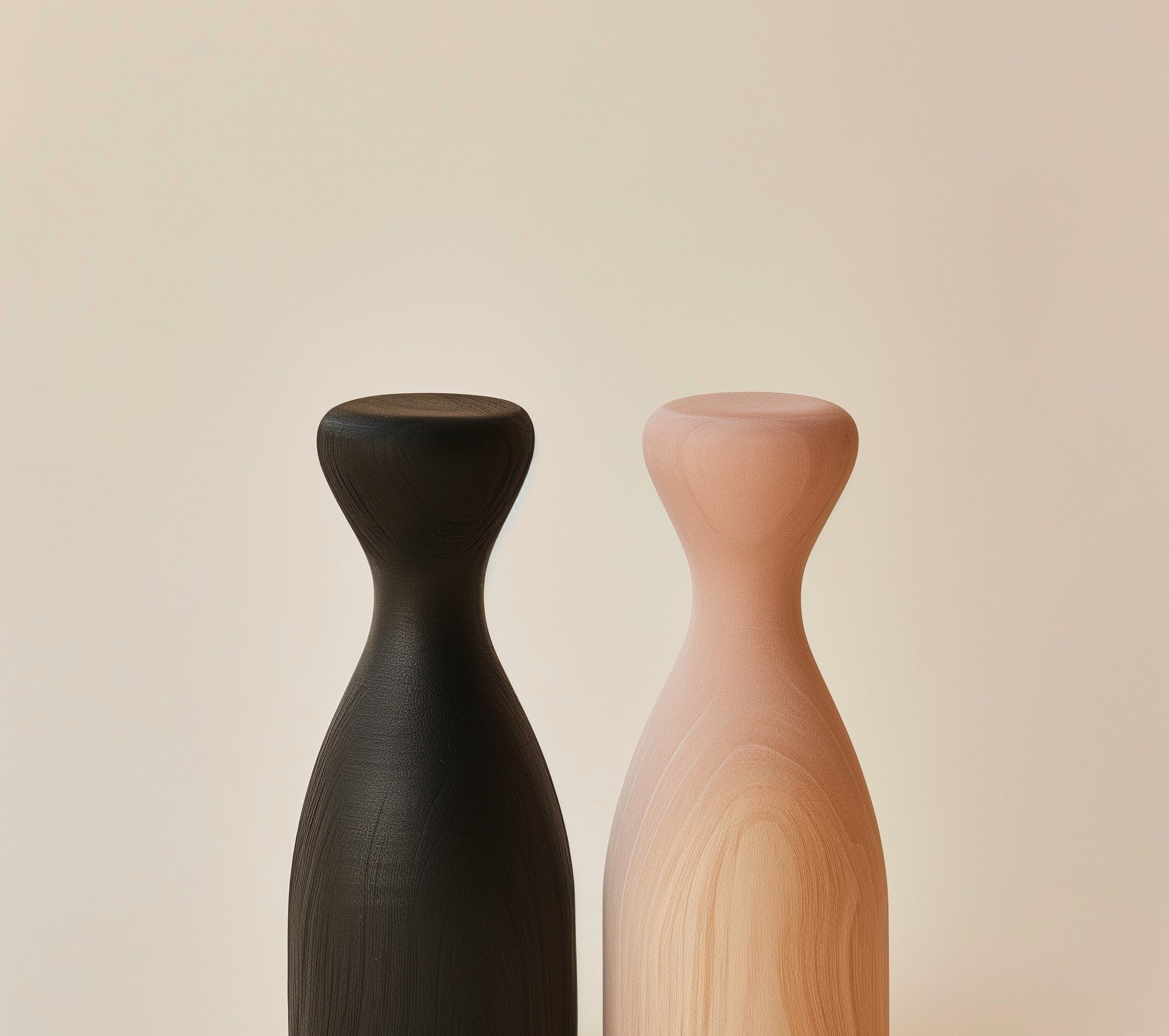 Minimalist black and beige wooden accent tables with a sculptural design, perfect for modern home décor.