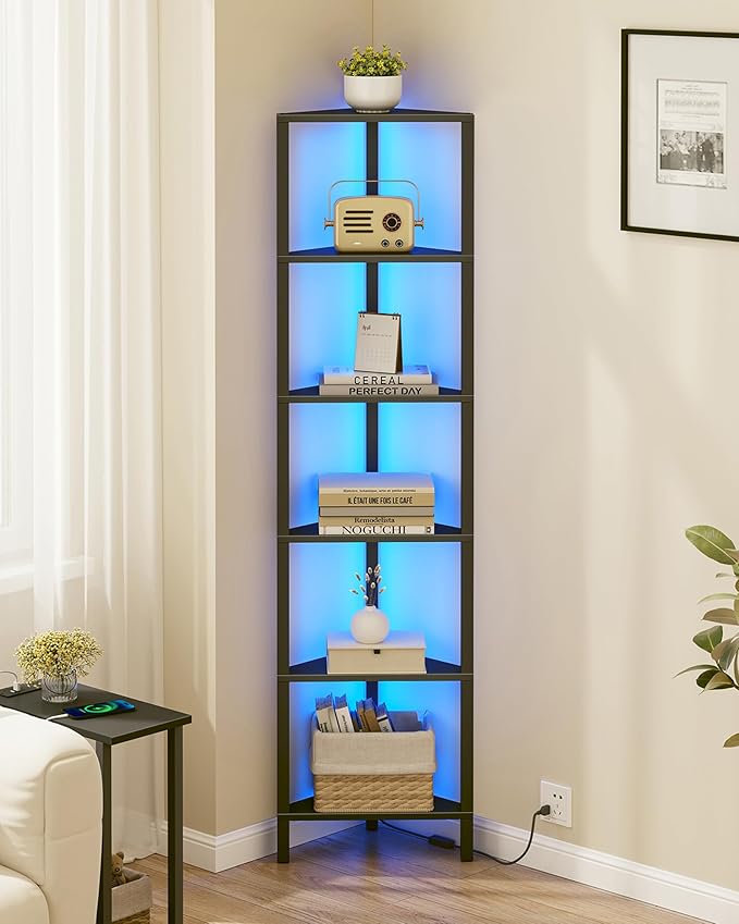 Corner Shelf with LED Light, 6-Tier Corner Bookshelf for Small Space, Narrow Display C