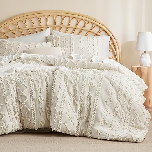 Boho Comforter Set  - White Tufted Shabby Chic Bedding Comforter Set