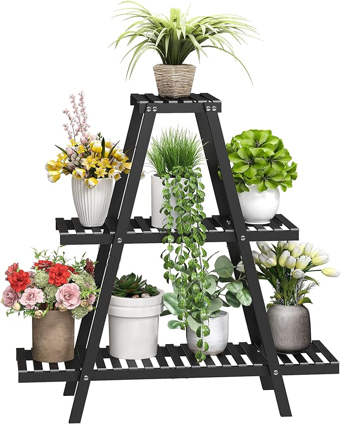BMOSU 3-Tier Bamboo Plant Stand – Triangular Black Display Rack