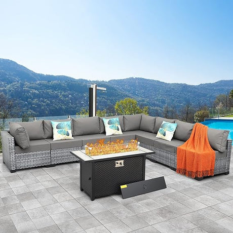 Patio Furniture Sectional Sofa Set 9 Pieces Outdoor Wicker Furniture Couch Storage Glass