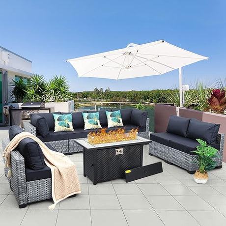 Patio Furniture Sectional Sofa Set 9 Pieces Outdoor Wicker Furniture Couch Storage Glass