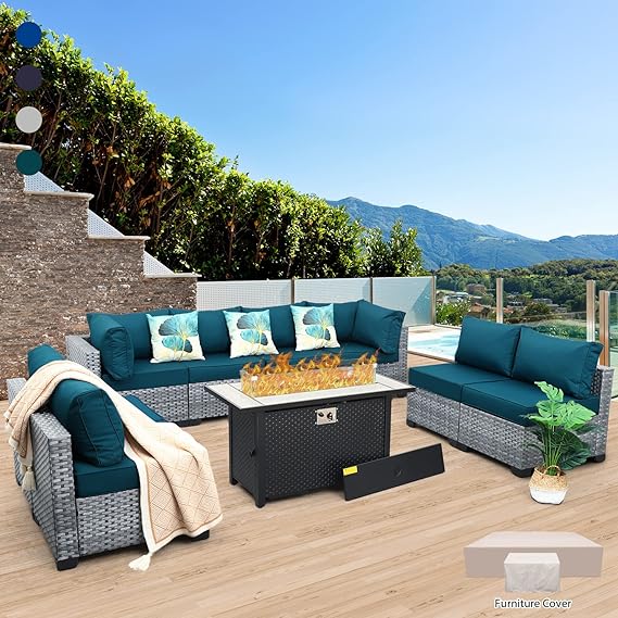 Patio Furniture Sectional Sofa Set 9 Pieces Outdoor Wicker Furniture Couch Storage Glass