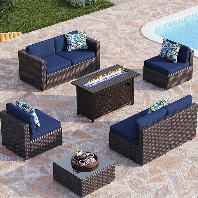 8-Piece Patio Furniture Rattan Sofa Set with 56" Gas Fire Pit Table - Complete Set