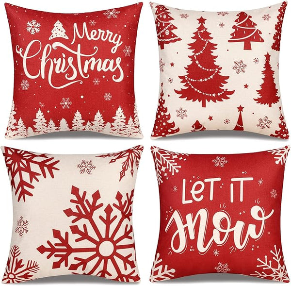 Christmas Pillow Covers 18x18 Set of 4 Red Throw Pillowcase Christmas Decorations Snowflake