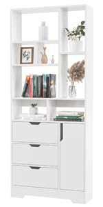 Stylish White Bookshelf, 71" Tall Bookshelf with Doors and 3 Drawers