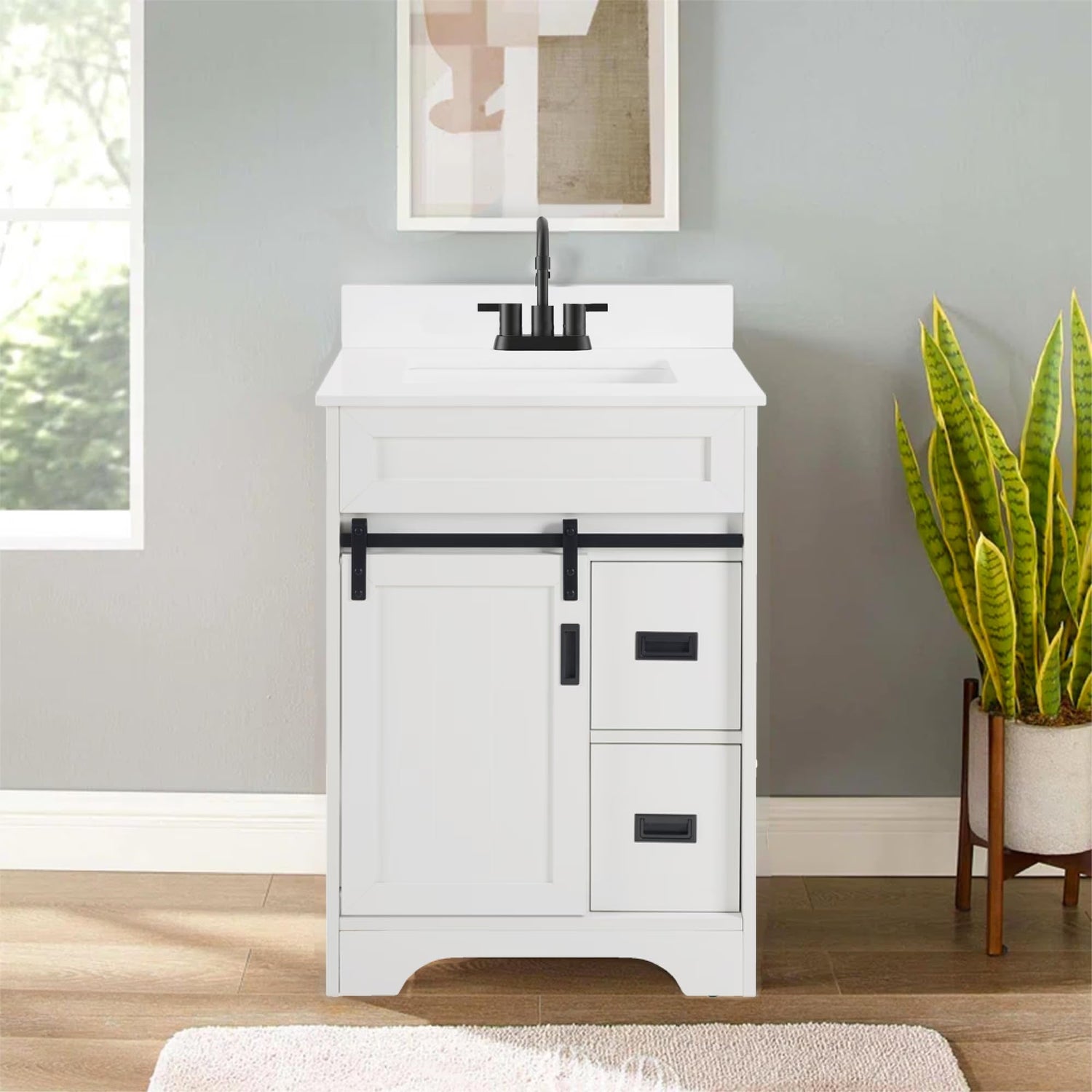 24 inch white bathroom vanity with sliding barn door