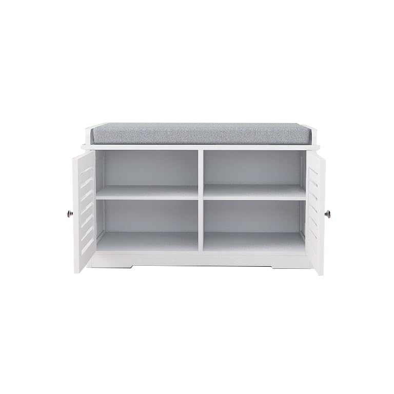 Shoe Storage Benches White Shoe Rack Bench with 2 Doors & Padded Seat Cushion in Grey Shoe