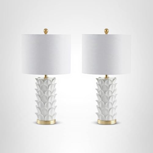 White Gold Leaf Table Lamp Set of 2 - 25 Inch Bedroom Nightstand Lamps with LED Bulbs