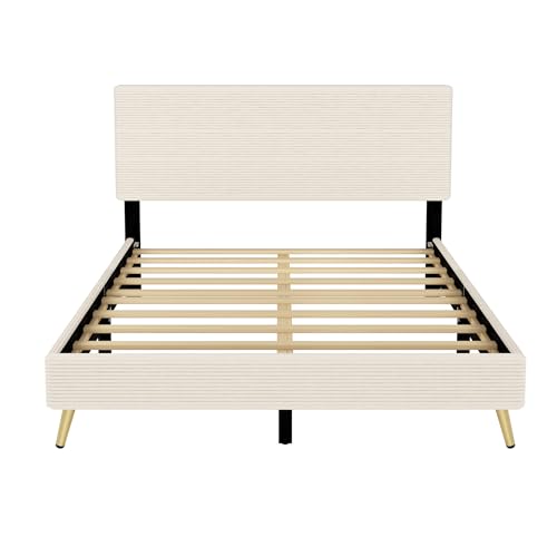 Queen Size Corduroy Upholstered Platform Bed Frame with Horizontal Stripe Headboard