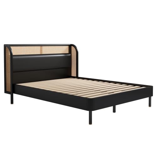 platform Bed Frame, Rustic & Bohemian Unique Style, Modern Rattan Wood Platform