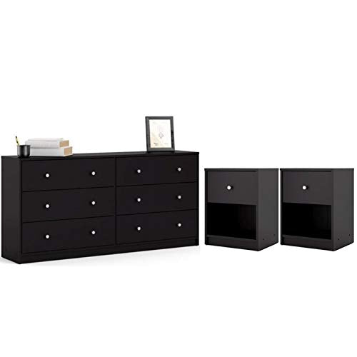 3 Piece Bedroom Set with 6-Drawer Double Dresser and Two of 1-Drawer Nightstand