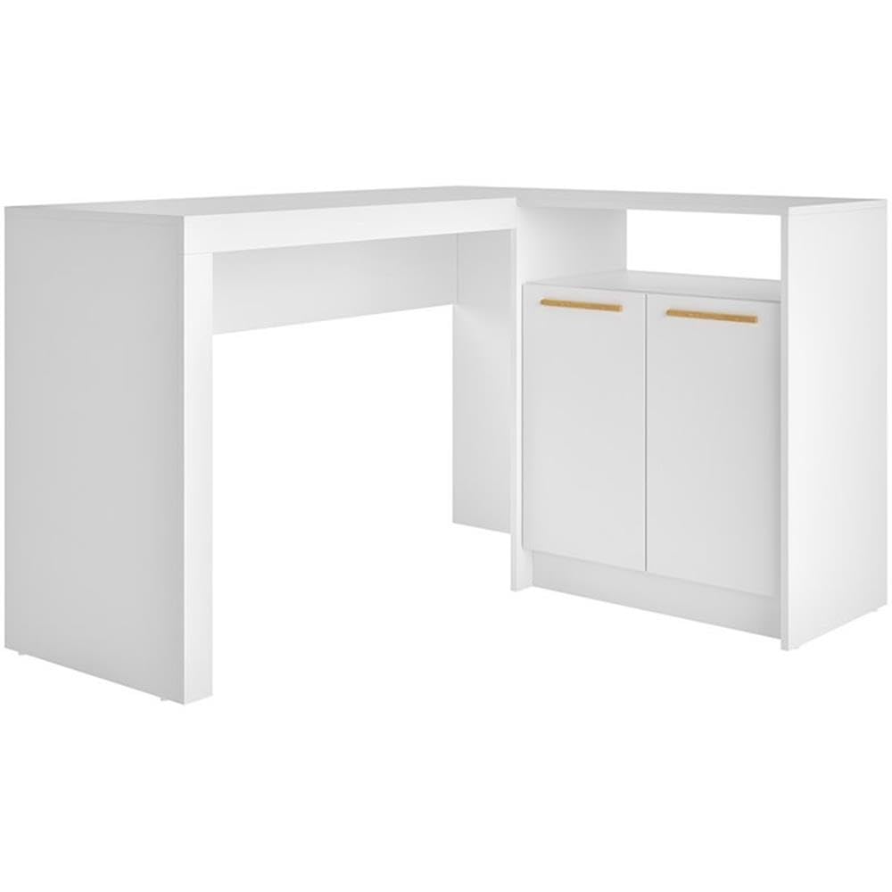 L-Shaped Mid-Century Solid Wood Writing Desk in White