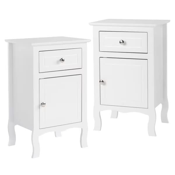 2pcs Country Style Side Table, Nightstand with 1 Drawer 1 Door, Bedside Tables with Wood Frame, Mid-Century Modern Nightstand with Storage, Bed Side Table & Night Stand End Table, Set of 2, White