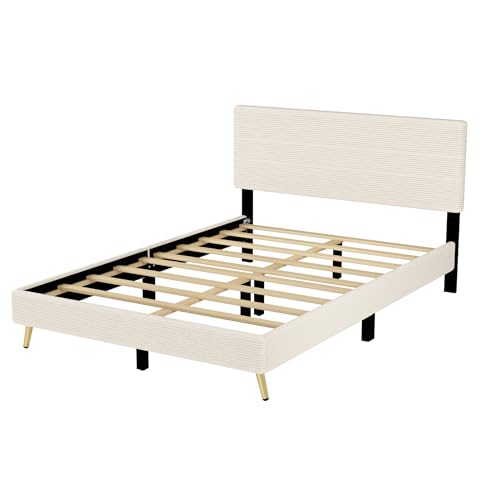Queen Size Corduroy Upholstered Platform Bed Frame with Horizontal Stripe Headboard