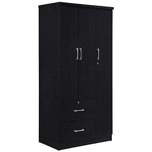 3 Door Armoire with 2 Drawers 3 Shelves in Black