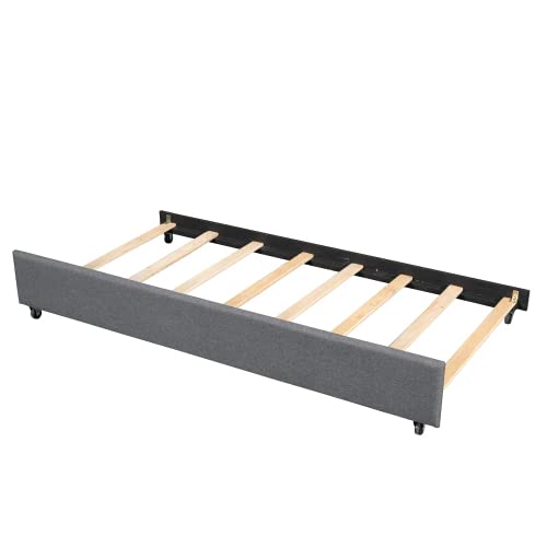 Upholstered Platform Bed Frame with Pull Out Trundle and Two Drawers,Multifunctional