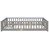 Platform Bed with Fence, Wooden Playpen Bed for Kids, Kids Fence Bed with Door, No Box Spring Needed (Grey)