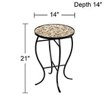 Teal Island Designs Mother of Pearl Modern Black Metal Round Outdoor Accent Side Table 14" Wide Natural Mosaic Tile Tabletop Gracefully Curved Legs for Spaces Porch Patio Home House Balcony Deck - Bircata