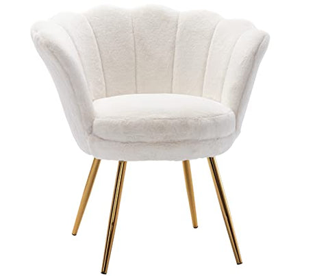 Living Room Chair, Faux Fur Mid Century Modern Retro Leisure Accent Chair with Golden Metal Legs, Vanity Chair for Bedroom Dresser, Upholstered Guest Chair(Soft White)