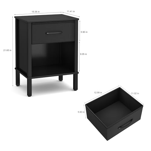 YAUKOMEL Small Nightstand Set of 2,Black Nightstand with Fabric Drawers, Bed Side Table, End Table, Modern Nightstand for Living Room,Bed Room,Small Space, Black CTG68BB-2