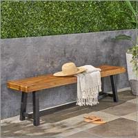 Toby Outdoor Acacia Wood Bench, Sandblast Teak Finish and Black