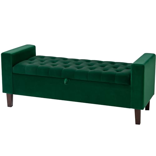 Upholstered Storage Ottoman, Button-Tufted Entryway Bench with Solid Wood Legs