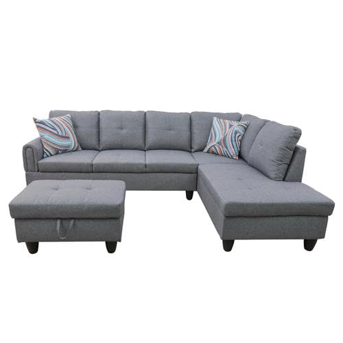 Linen Living Room Sofa Set, L-Shape Couch with Storage Ottoman,