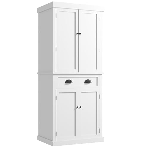 Furniwell 72" Kitchen Storage Cabinet with Drawer, Tall Kitchen Pantry Cabinet with Doors and 3 Adjustable Shelves, Freestanding Cupboard for Kitchen, Dining Room, Living Room (White)