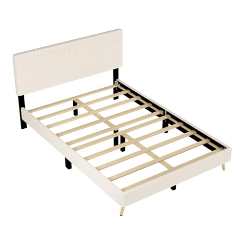 Queen Size Corduroy Upholstered Platform Bed Frame with Horizontal Stripe Headboard