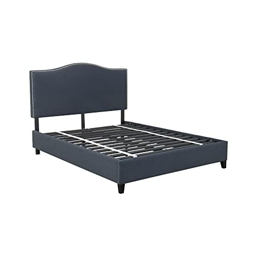 Upholstered Bed Frame Nickel Finish Nail Head Trim with Black Finish Wood Legs