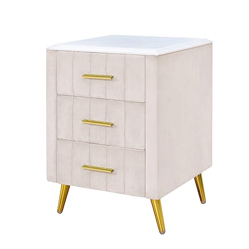 3 Drawers Nightstand with Metal Legs&Handles,Upholstered Nightstand with Faux Marble