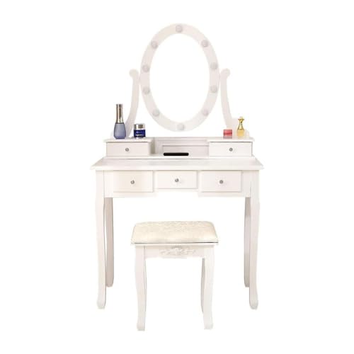 White Makeup Vanity with Lighted Mirror, Round Led Mirror Vanity