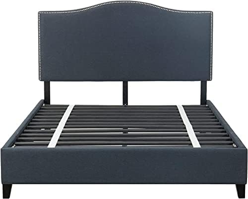 Upholstered Bed Frame Nickel Finish Nail Head Trim with Black Finish Wood Legs