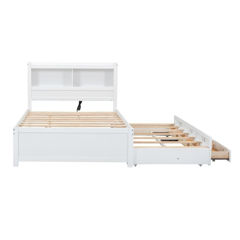 Size Daybed with Storage Headboard, Trundle and 2 Drawers, Built-in USB Plugs, Full Bed