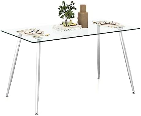 Glass Dining Table, Modern Rectangular Table with Tempered Glass Tabletop & Black