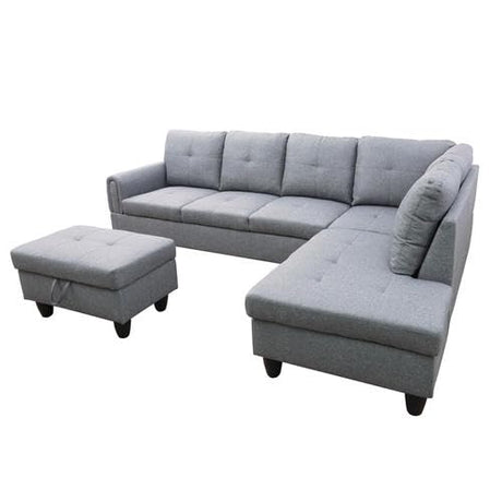 Linen Living Room Sofa Set, L-Shape Couch with Storage Ottoman,