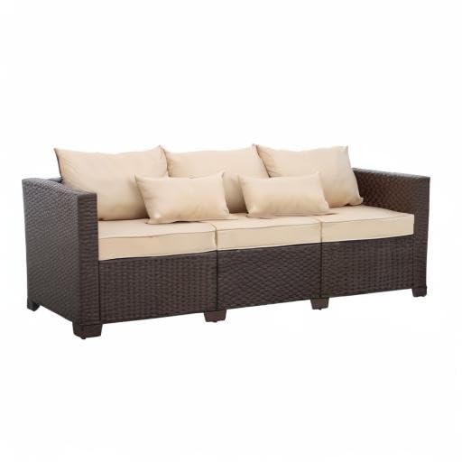 Brown Wicker 3-Seater Outdoor Sofa - Deep Seat, High Backrest