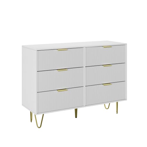 Modern Dresser for Bedroom, 6 Drawer Double Dresser with Gold Handles