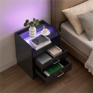 Smart LED Night Stand with 2 Drawers and Glass Top, Modern Bedside Table with LED