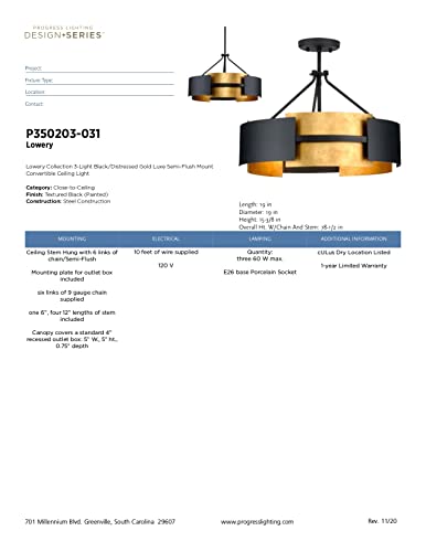 Lowery Three-Light Semi-Flush Ceiling Light in Textured Black