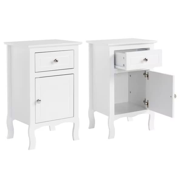 2pcs Country Style Side Table, Nightstand with 1 Drawer 1 Door, Bedside Tables with Wood Frame, Mid-Century Modern Nightstand with Storage, Bed Side Table & Night Stand End Table, Set of 2, White