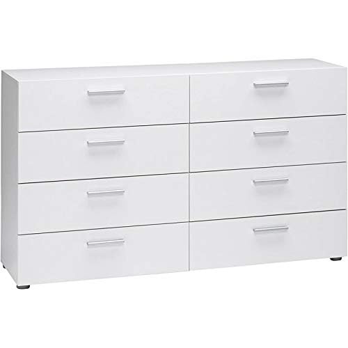 Contemporary 8 Drawer Double Bedroom Dresser in White with Modern Silver