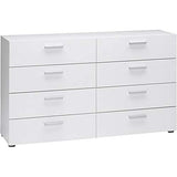 Contemporary 8 Drawer Double Bedroom Dresser in White with Modern Silver