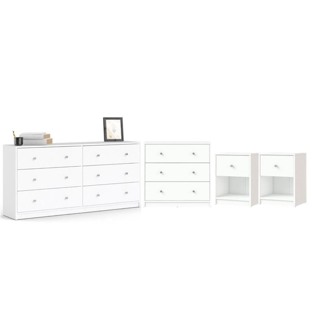 4 Pieces Set of Modern Wood Bedroom Furniture in White Finish